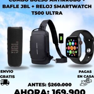 Combo: Bolso antirrobo + bafle JBL + Reloj smartwatch T500 ultra